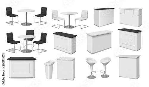 Realistic Trade Exhibition Chair Table Furniture Vector Set