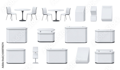 Realistic Trade Exhibition Chair Table Furniture Vector Set