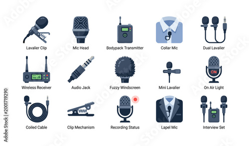 Microphone and lavalier equipment icons in grid layout