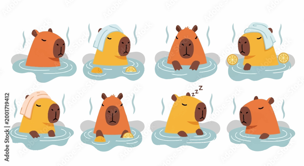 Fototapeta premium Cartoon capybaras in water.