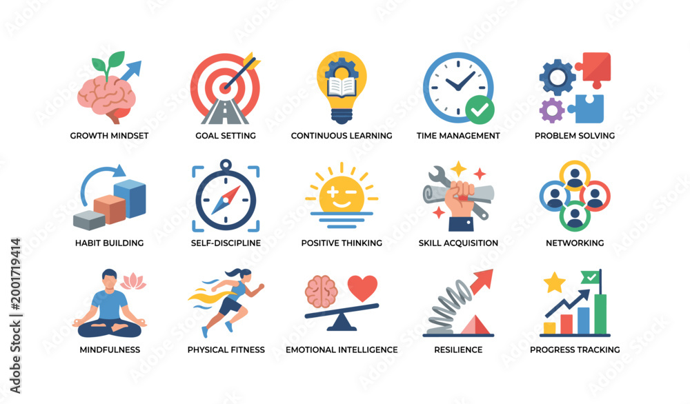 Fototapeta premium Personal development icons representing skills habits and wellbeing