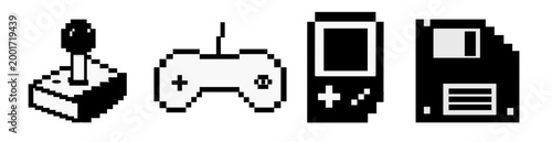 Collection of retro video game pixel art icons featuring arcade machines, joysticks, game controllers, disc nostalgic 8-bit digital vector graphic design