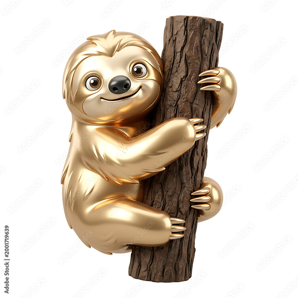 Fototapeta premium Cute golden metallic sloth hugging a tree trunk, glossy 3D animal character, jungle wildlife, fun and relaxation theme