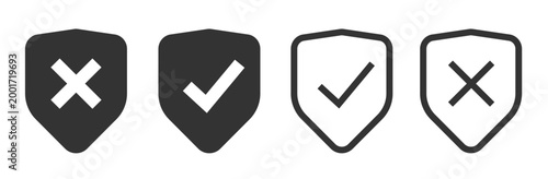 Security protection shield icon line stroke outline graphic set, solid bold safety trust insurance indicator level status, good checkmark bad cross sign symbol, privacy defense ui interface element
