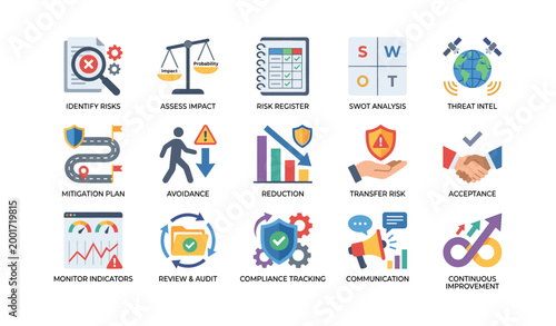 Risk management icons arranged in a grid on white background