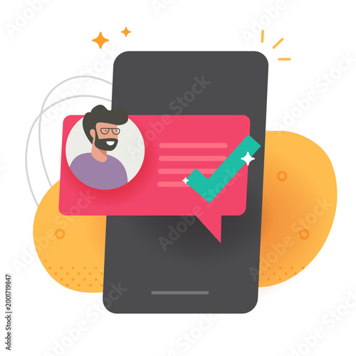 Notification approved confirmed chat message with user avatar icon vector graphic modern illustration, smartphone mobile phone account verification checkmark online electronic alert clip art  

