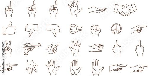 Hand Gesture Outline Icon Collection Featuring Pointing, Thumbs Up, Peace Sign, Handshake, and Communication Symbols in Minimal Line Art Style for UI Design.