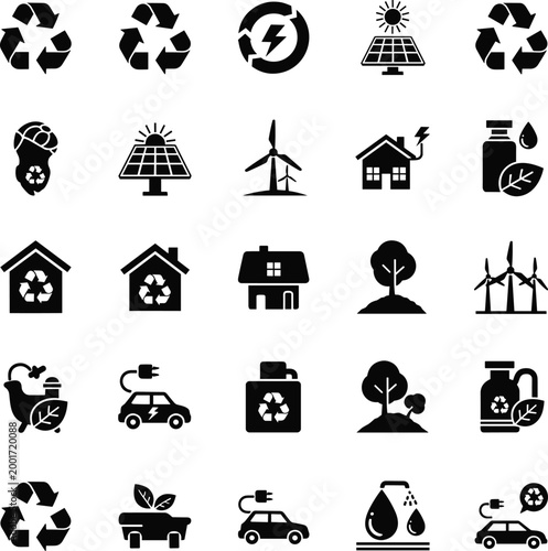 Eco friendly and sustainable energy icons set featuring solar panels, wind turbines, recycling, and green living
