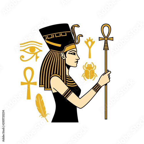 Ancient Egyptian Queen Nefertiti Profile with Symbols, Ankh, Eye of Horus, Scarab