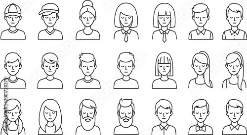 Minimal Line Avatar Collection Featuring Diverse Male and Female Characters with Various Hairstyles and Styles for User Profiles, UI Design, and Social Media Icons.