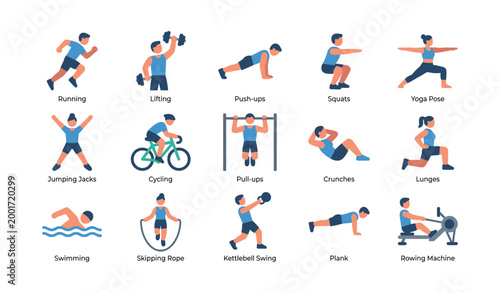 Exercise icons depicting various workouts and fitness activities