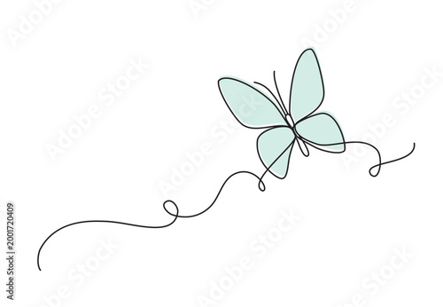 Green butterfly in one continuous line drawing isolated.