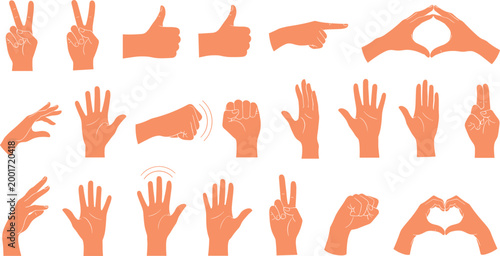 Orange Hand Gesture Silhouette Set Featuring Thumbs Up, Peace Sign, Heart Shape, Pointing, and Communication Symbols in Flat Minimal Style for UI and App Design.