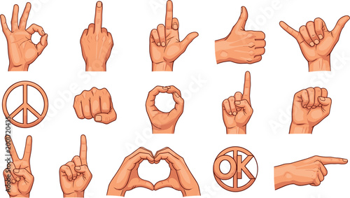 Realistic Hand Gesture Collection Featuring OK Sign, Thumbs Up, Peace Symbol, Pointing, Heart Shape, and Communication Signs in Detailed Illustration Style for UI Design.