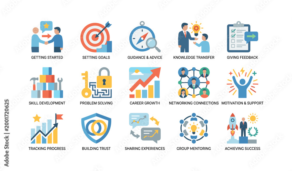 Fototapeta premium Coaching and mentoring icons arranged in a grid on white background