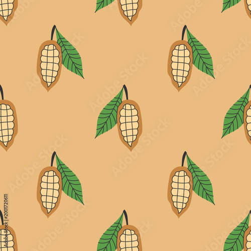 Cocoa Beans Seamless Pattern. Chocolate Food Product Background with hand drawn Plant elements in flat style. Repeat vector illustration