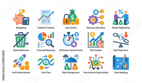 Finance and cost icons arranged in a grid on white background