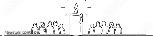 Candle burning brightly, surrounded by a crowd of people, symbol of unity, hope, remembrance and togetherness.