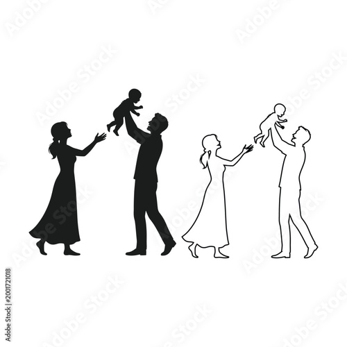 A family of four is happily playing with their baby outdoors together.