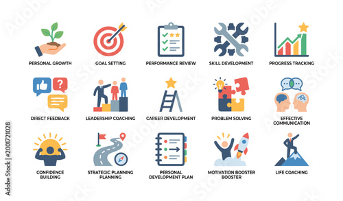 Training and development icons arranged on white background