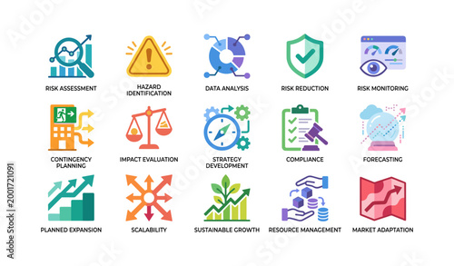 Risk and planning icons arranged on white background