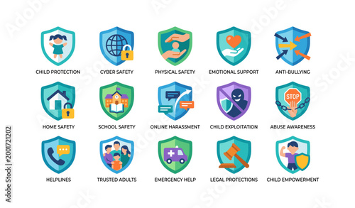 Child safety icons illustrating protection topics on white background