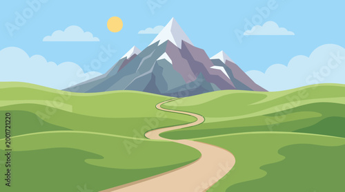 A serene landscape illustration of a winding road leading to snow-capped mountains under a sunny blue sky with fluffy clouds.