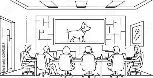 Team in meeting room watching dog presentation on screen business people collaborating with technology and teamwork concept.