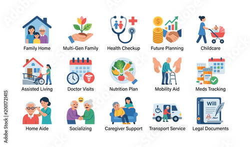Senior care icons showing services and support on white background