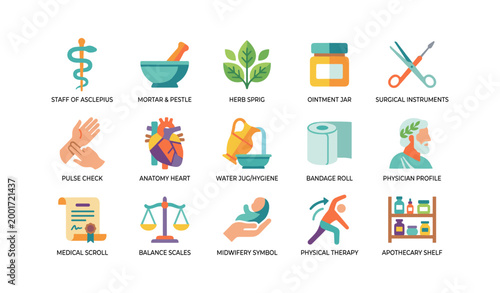 Medical icons displaying clinical and traditional symbols on white