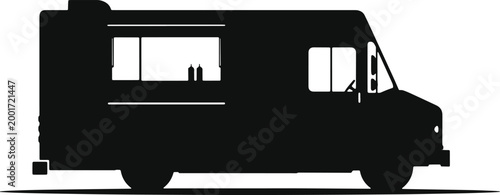 Food truck silhouette parked on street for mobile food service business and street food vendor concept vehicle.
