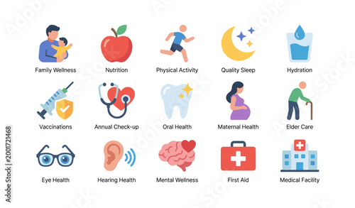 Health and wellness icons arranged in a grid on white background