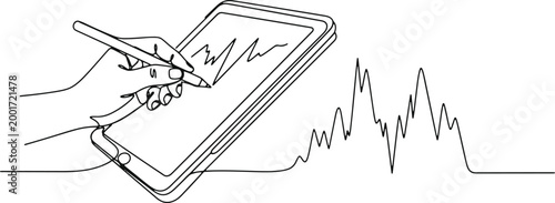 Hand drawing digital graph chart on tablet with stylus pen for business analysis and data visualization.