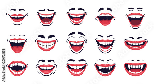 Scary Clown Mouths and Grins with Sharp Teeth, Creepy Horror Smile Expressions Set for Halloween Design, Evil Circus Faces Vector Illustration