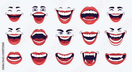 Scary Clown Mouths and Grins with Sharp Teeth, Creepy Horror Smile Expressions Set for Halloween Design, Evil Circus Faces Vector Illustration