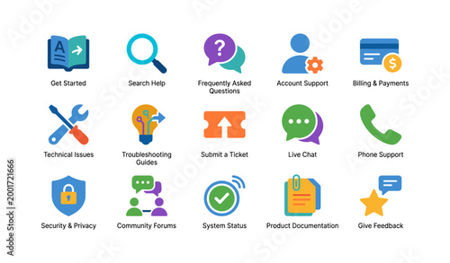 Support icons arranged in help topics grid on white background