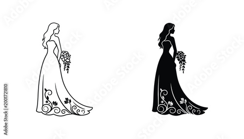 Elegant bride in long wedding dress holding flower bouquet in minimalist vector silhouette