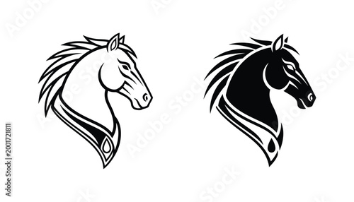 Majestic horse head profile mascot icon in bold flat black and white vector illustration
