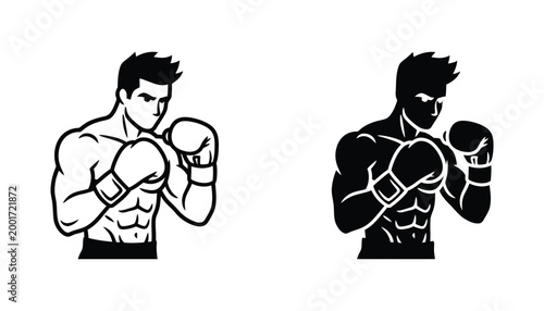 Muscular boxer in fighting stance with gloves in line art and solid black silhouette for fitness and combat sports branding