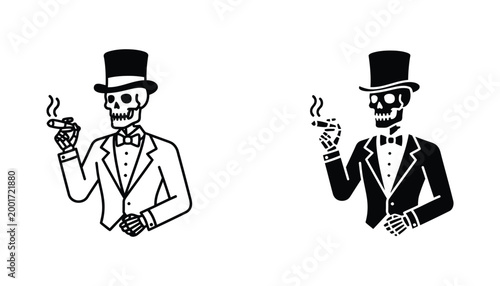Skeleton gentleman wearing top hat and bowtie while smoking cigar in vintage character style for edgy apparel and creative branding