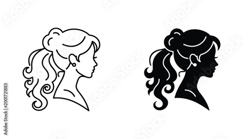 Minimalist vector illustration of woman profile with curly ponytail hairstyle in line art and solid black silhouette style isolated on white background for beauty and fashion branding design elements