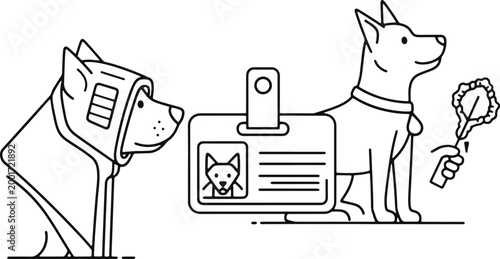 Two dogs with id card and badge professional training or service animal concept.