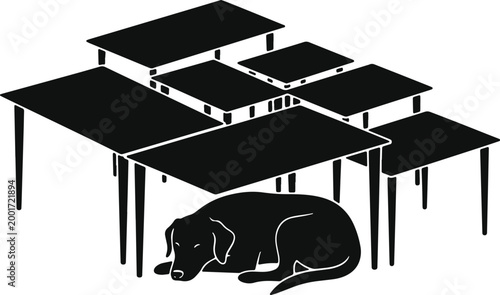 Black silhouette dog sleeping under many tables indoors isometric view room detail.