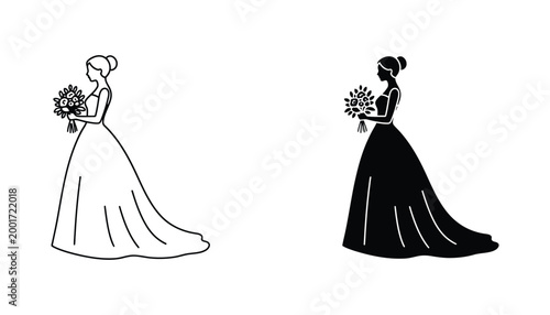 Elegant bride holding a flower bouquet silhouette icon for wedding invitations and bridal branding design