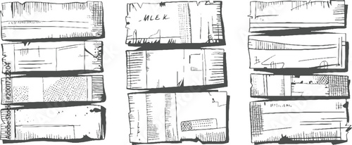 Stacked rough wood planks with hand drawn lines dots and text fragments timber textured