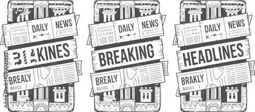 Three overlapping newspaper headlines with architectural and text in a monochrome style breaking daily