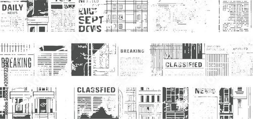 Collage of newspaper clippings featuring headlines like daily news breaking and classified ads with architectural
