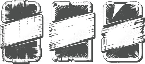 Three distressed wooden sign frames with rough edges and textured surfaces in dark gray and white