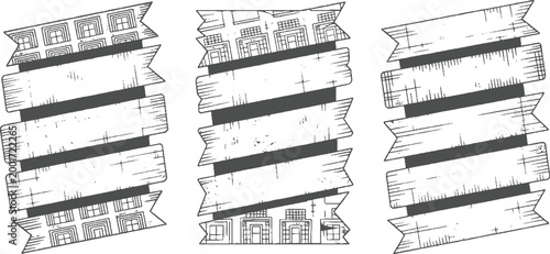 Three stylized ribbon banners with geometric patterns and wood grain texture