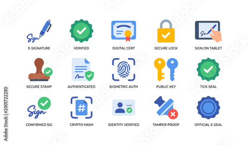 Digital signature and authentication icons displayed on white